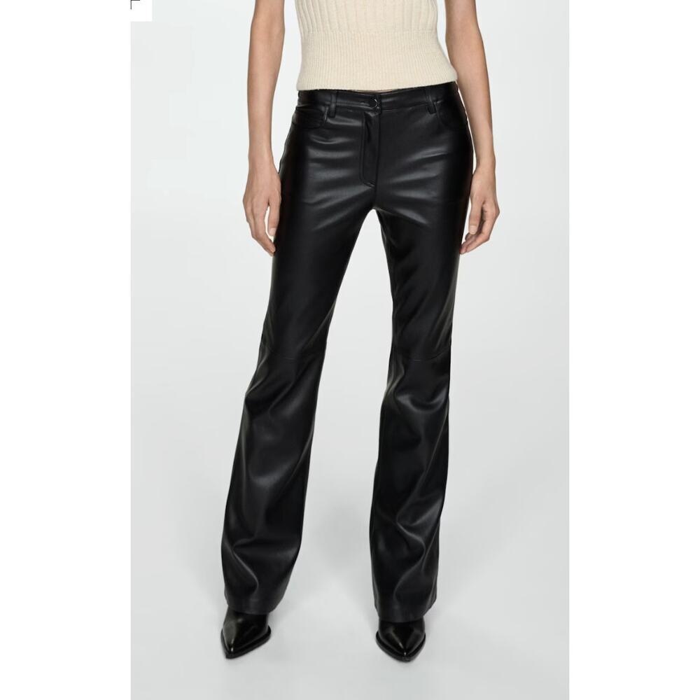 Mango Black Faux Leather Flared Trousers Sz 4 - Picture 4 of 15